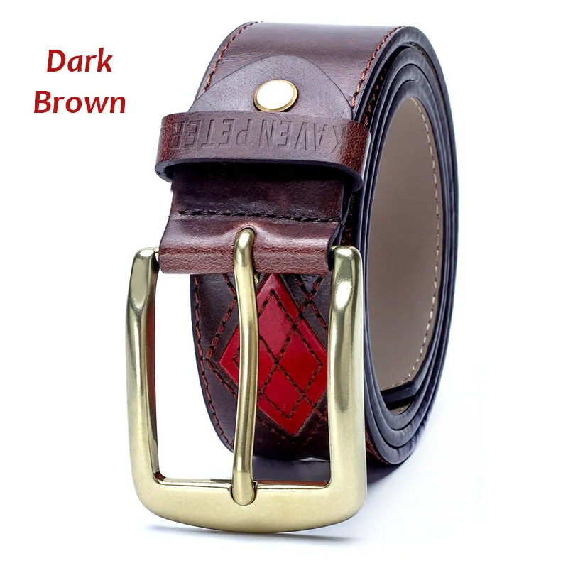 Dark Brown Модный мужской ремень, трендовые джинсы из воловьей кожи, лоскутные ремни, античный латунный ремень с пряжкой для мужчин, пояс для брюк, высокое качество, 4 цвета - Цвет: Dark Brown