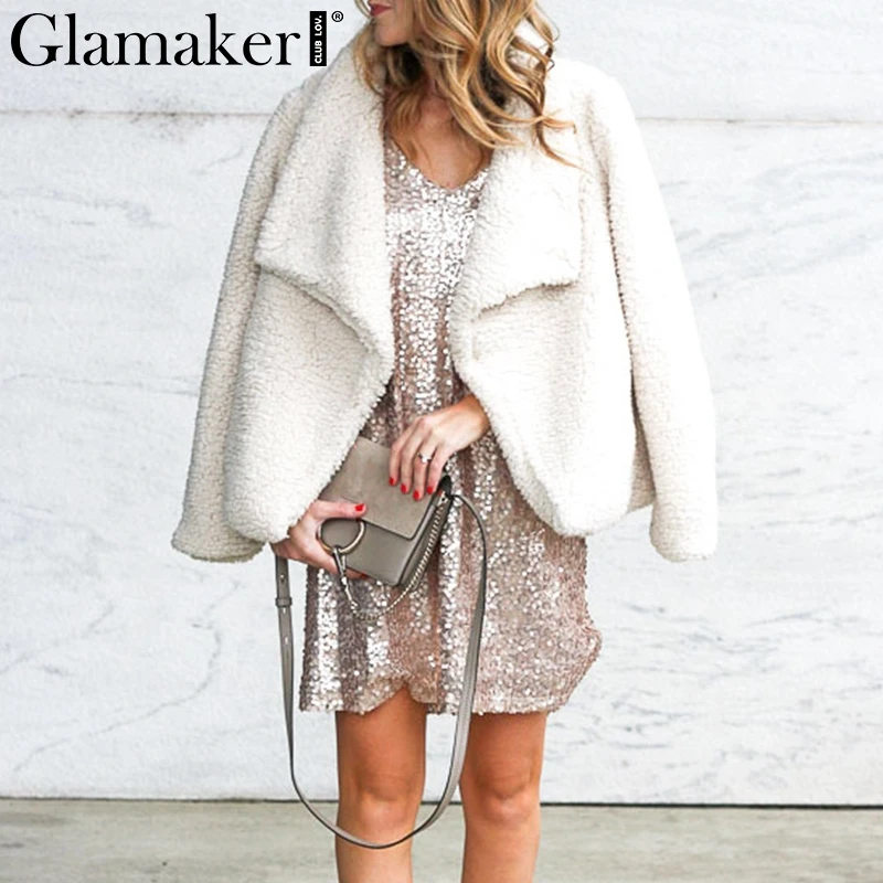 Женская куртка с длинным рукавом Glamaker белая плюшевая Шуба теплым мехом на лето |