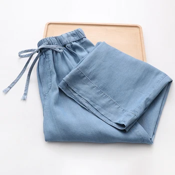 

Tencel women pants solid blue loose wide leg casual summer new comfortable high waist home wear female ankle length pants