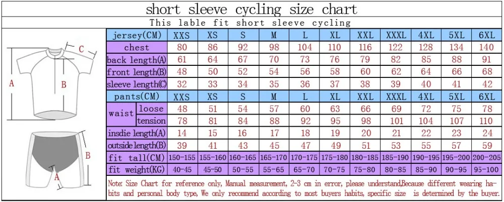 short sleeves cycling size chart