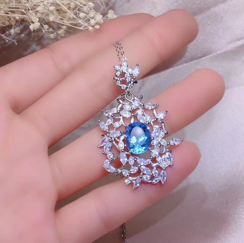 Pendentif en topaze bleue naturelle pendentif en pierres précieuses naturelles S925 argent rétro pe