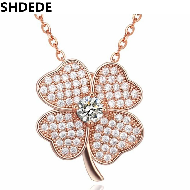 SHDEDE Four Leaf Clover Pendant Necklace Cubic Zirconia Fashion Jewelry For Women Female