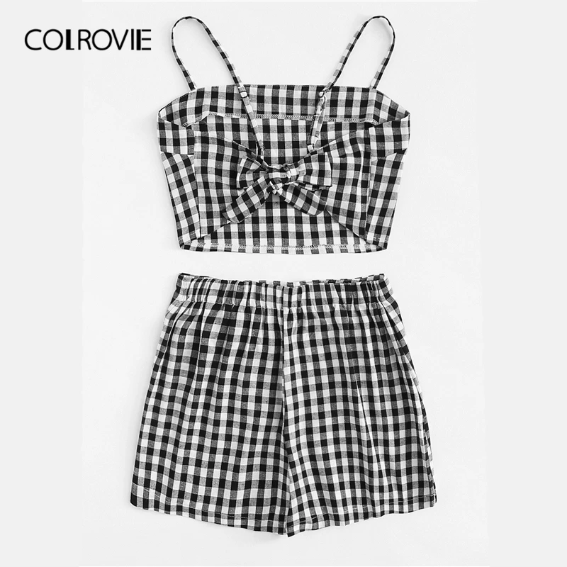 Женский комплект из двух предметов COLROVIE черно белый клетчатый топ с узлом на