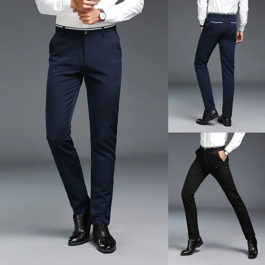 Men's New Fashion Solid Casuall Slim Zippered Business Pants Long Trousers 28-38