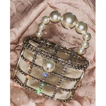 

pearl Vintage Women Evening Bag Metal Hollow Out diamond Banquet Party Shoulder & Crossbody Bags Wedding Clutch Cage Handbag