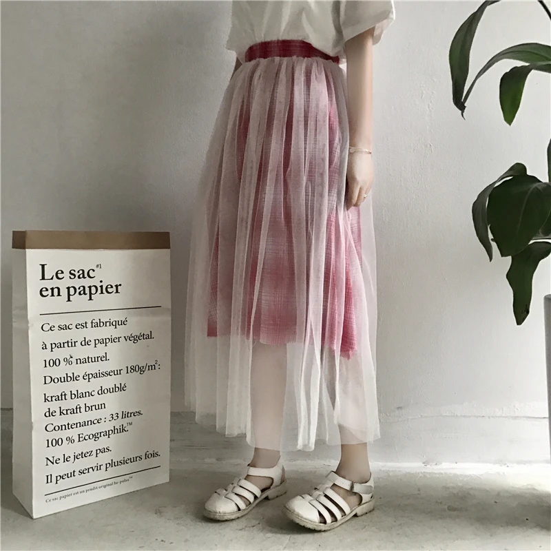 

Korean Vintage Style Black Plaid Patchwork Tulle Tutu Pleated Red Long Skirts Womens Cute High Waisted Elastic Waist Mesh Skirt