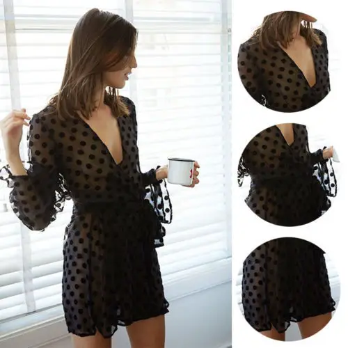 Black Sexy Bridal Costume Lingerie Women's Babydoll Dress Dot Robe