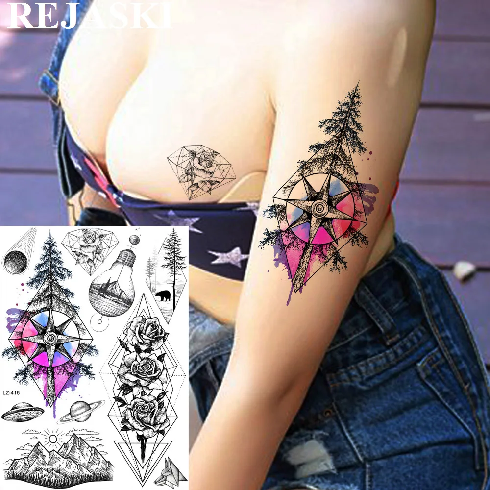 Rejaski Seksi Cat Air Pohon Bunga Kompas Sementara Tato Stiker Geometris Mawar Tato Untuk Wanita Tubuh Seni Tattoo Sementara Tato Aliexpress