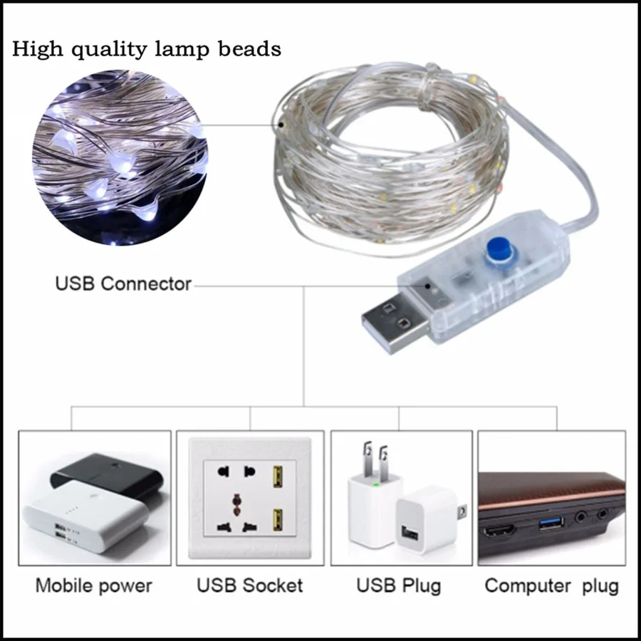 5/10 M 50/100 светодио дный USB удаленного Управление светодио дный Строка освещения серебряной проволоки Фея для свадьбы Рождественский для