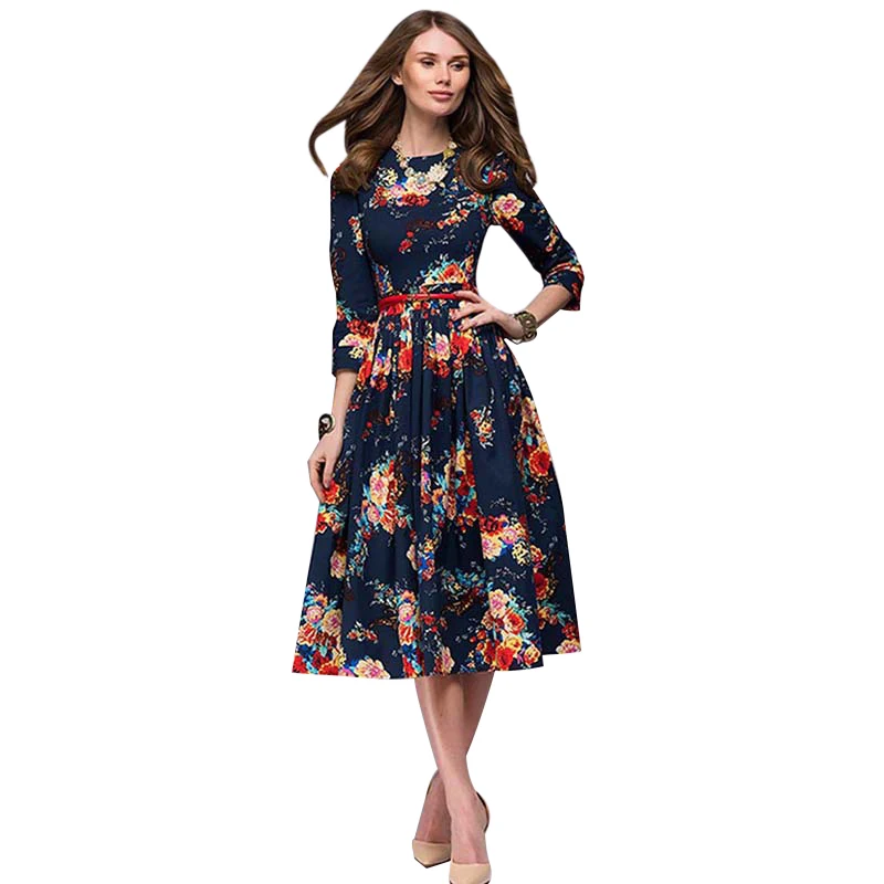 Женское платье трапециевидной формы, винтажное элегантное осенне-зимнее платье с цветочным принтом, вечернее платье для женщин, Vestidos, одежда