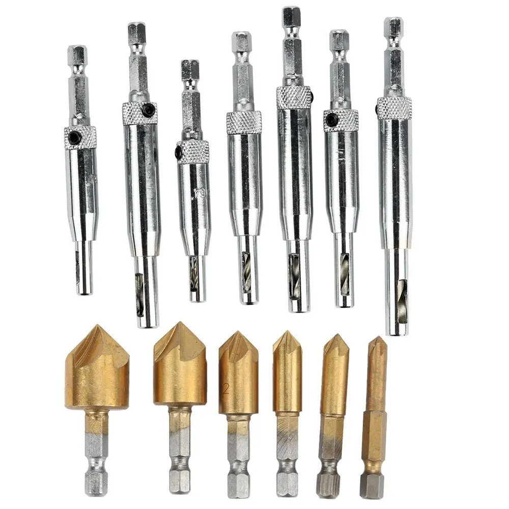 

Center Hinge Drill Bit Set Core Tapper Countersink Drill 1/4 inch Hex Shank HSS 5 Flute Countersink 90 Degree Center Punch Too
