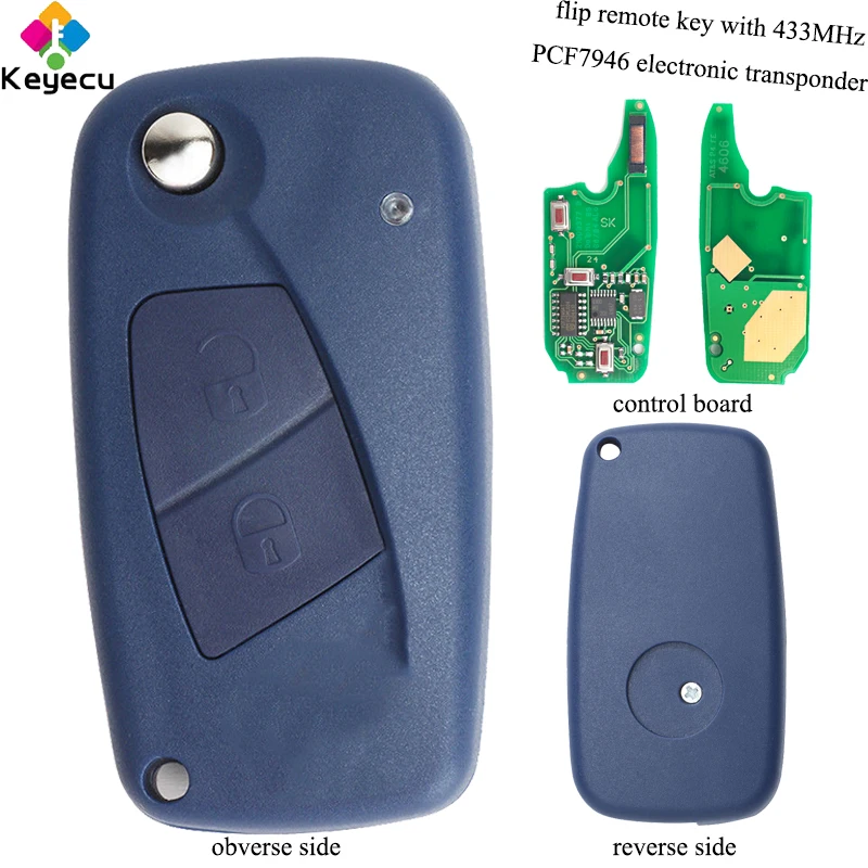 

KEYECU Replacement Flip Remote Key - 2 Buttons & 434MHz & PCF7946 - FOB for Fiat Punto Ducato Stilo Panda Central _ Blue Color