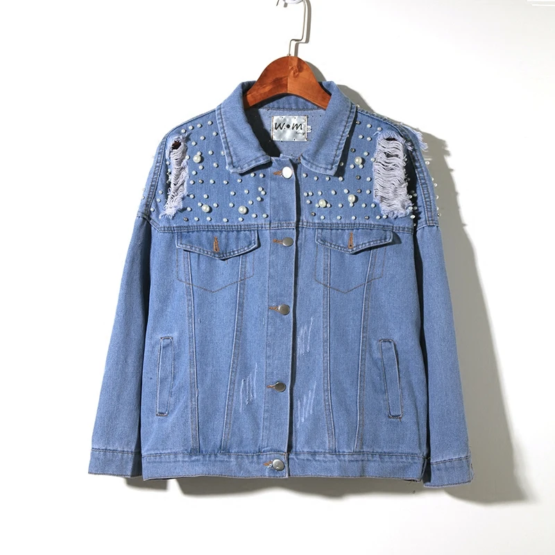 Trou Printemps Longues Perles De Plus Lâche À Femmes Lr78 2018 Paillettes Bande Automne Blue Tops Lavage Taille Veste Manches Impression Nouveau La Manteau Dessinée L'eau Denim PWqqvw5B