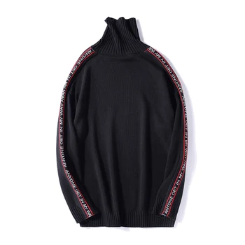 

Autumn Men's XL Black and Red Letters High Collar Sweater Loose Sweater