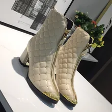 

women genuine leather chunky High heels ankle boots front zip British style fashion gold metal iron toe fashion ladies boot