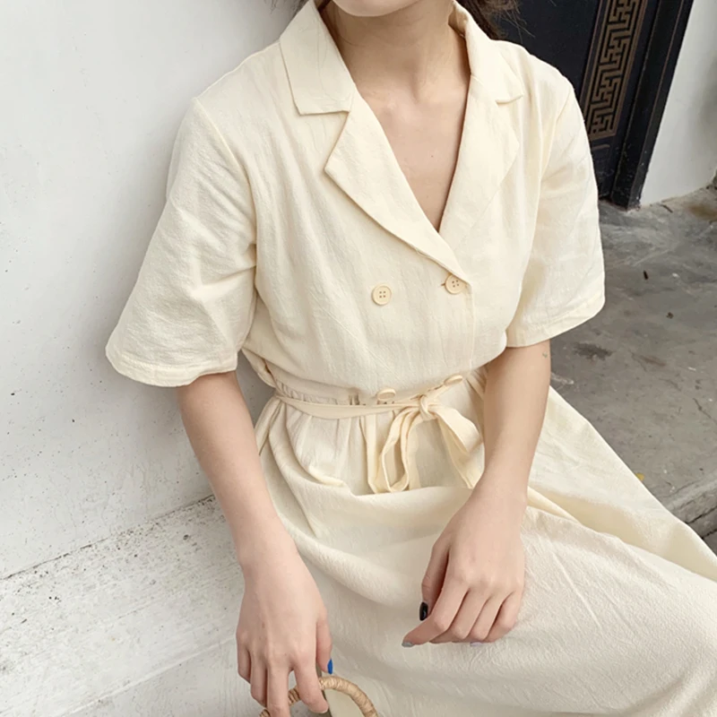 

Sweet Women Button Dress Summer Solid Turn-down Collar Female A-line Dress 2019 Temperament Lace Up Bow Knee Length Dress