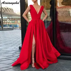 Элегантный v-образный вырез Атлас Бордовое платье для выпускного 2018 vestidos de festa высокий разрез Вечернее для вечеринок без рукавов Длинные