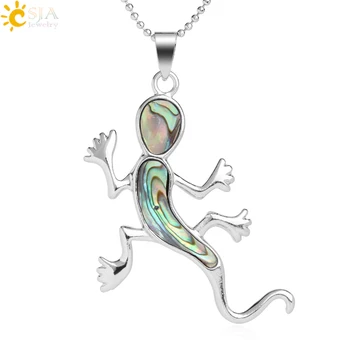 

CSJA House Lizard Gecko Pendant & Necklace New Zealand Natural Abalone Shell Silver Color Pendants Animal Jewelry Women Men G053