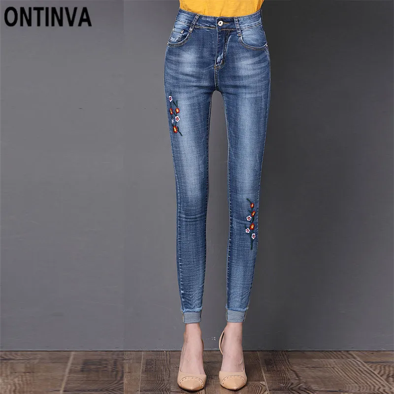 Skinny Denim Stretchy Jeans Flowers Embroidery Casual Mom Style ...