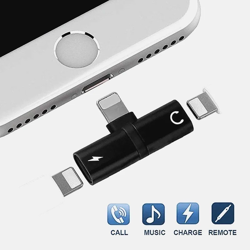 

Auxiliary Dual Port Dual Jack Earphone Converters For iphone XS Max 7 8 Portable 2-in-1 Splitter Charger Audio Headphone Adapter