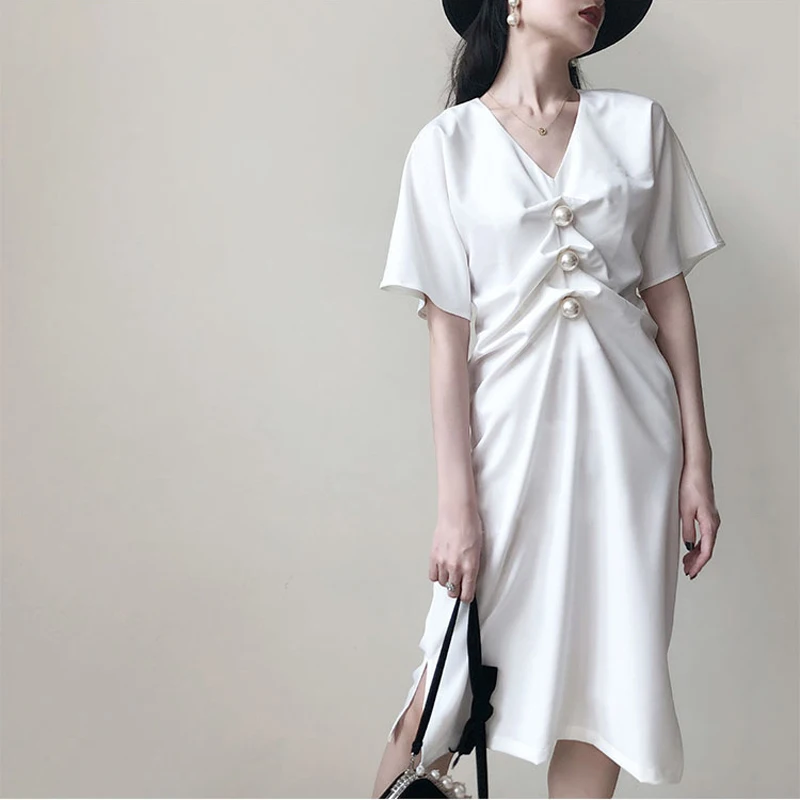 

Vintage Women White Long Dress Ladies V-neck High waist Pearl Dress Elegant Korean Style OL Office Summer Dress for Party