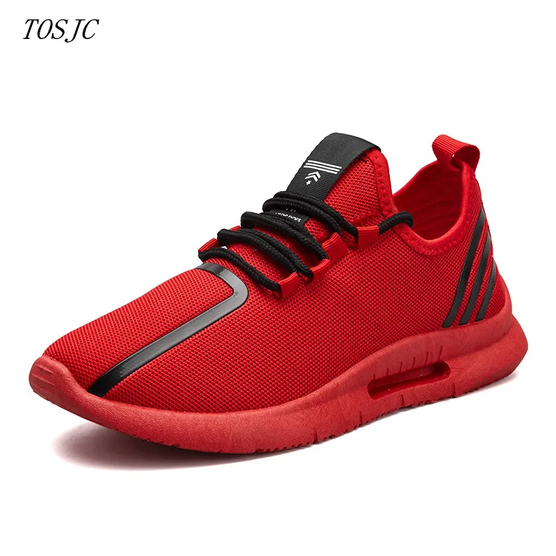 

TOSJC Man Fashion Outdoor Casual Sneaker Lace Up Vulcanized Mesh shoes Flat Male Shoes Teenage Zapatos Hombre Red Color