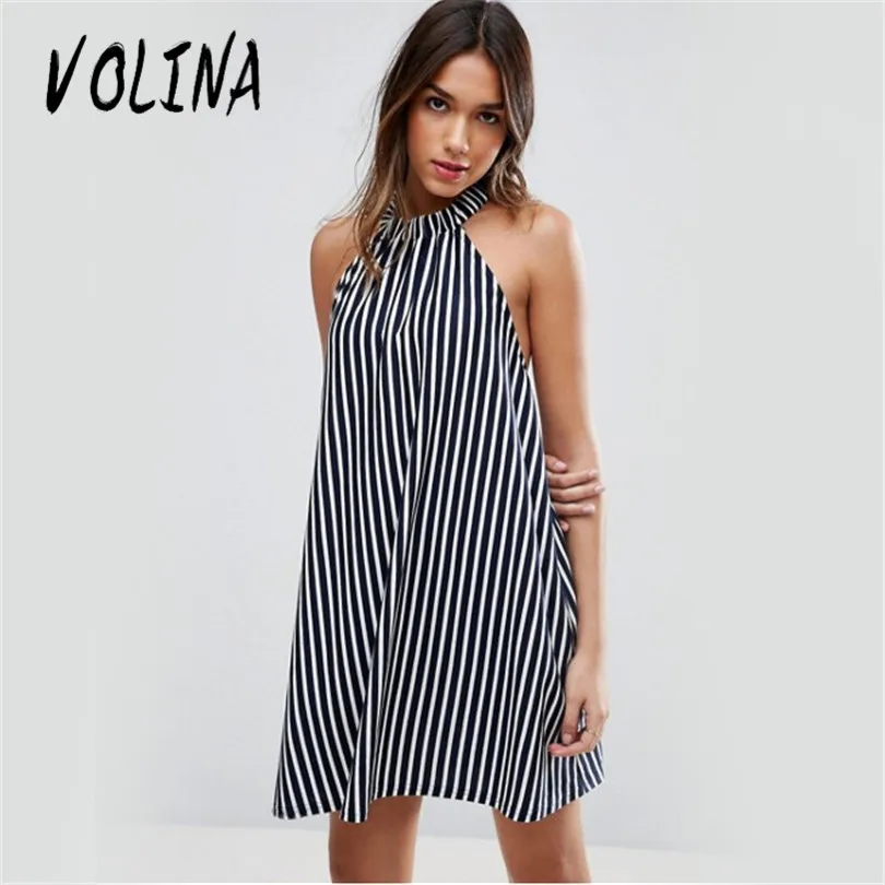 Volina 2017 casual dress striped для женщин платья без рукавов холтер мода с плеча vestidos