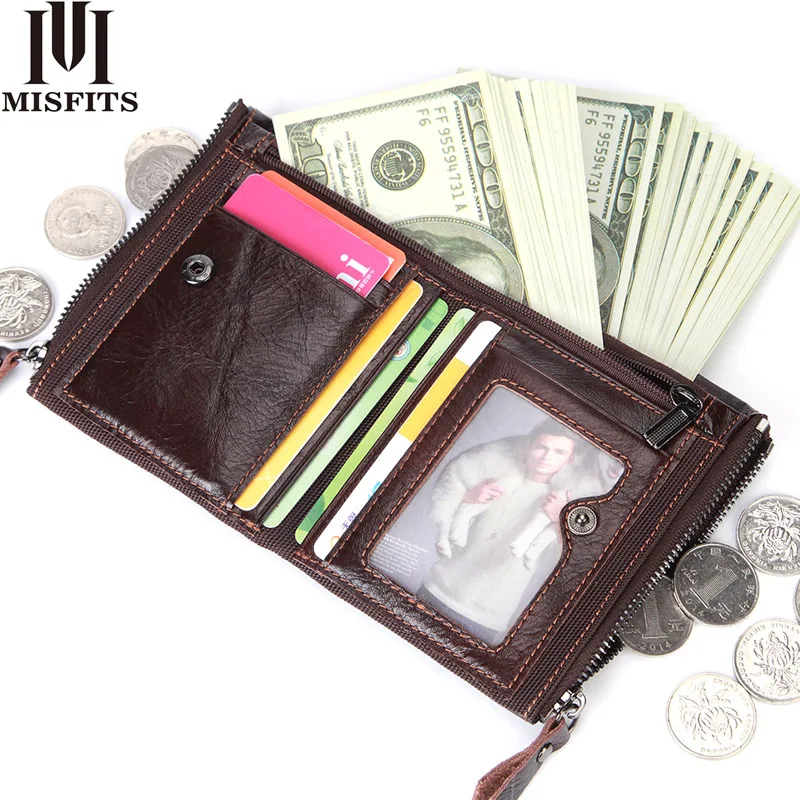MISFITS Genuine Leather Men Wallets Short Coin Purse Vintage Cowhide Male Double Zipper Small Wallet High Quality Card Holder MISFITS Genuine Leather Men Wallets Short Coin Purse Vintage Cowhide Male Double Zipper Small Wallet High Quality Card Holder