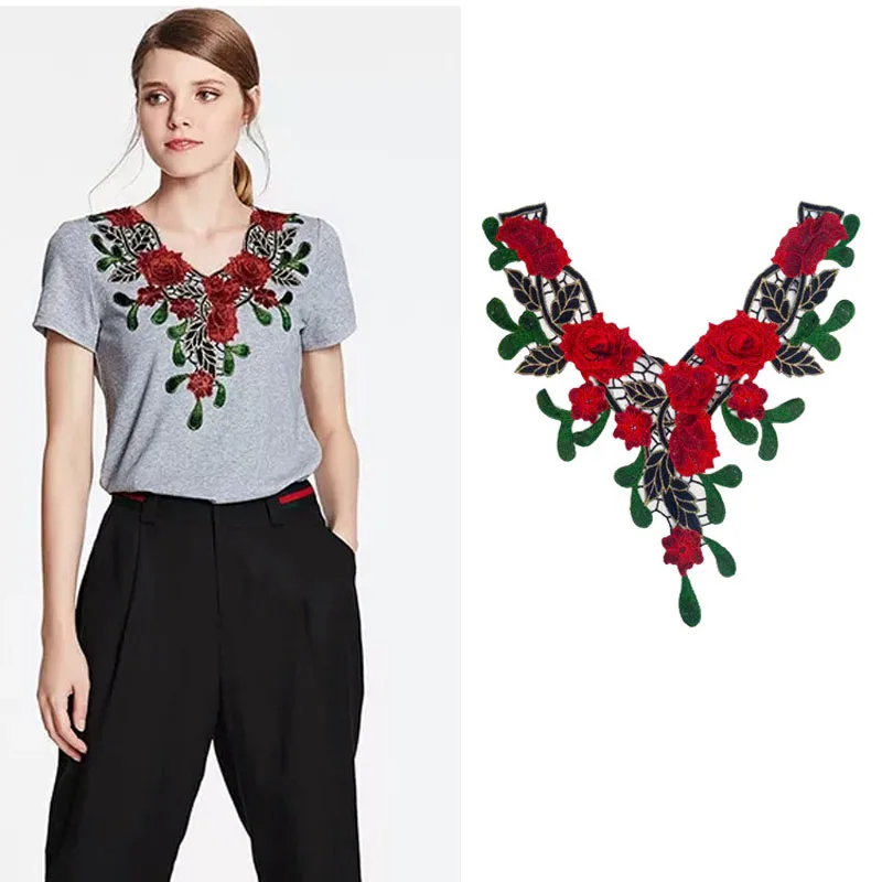 

Red Neckline Lace Collar Sewing Accessories Beautiful Flower Venise Lace Applique Trim, Lace Fabric Decoration Costume