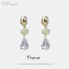 Yhpup трендовые Прозрачные Серьги с натуральным камнем и зеленым шармом из цинкового сплава, брендовые серьги для женщин