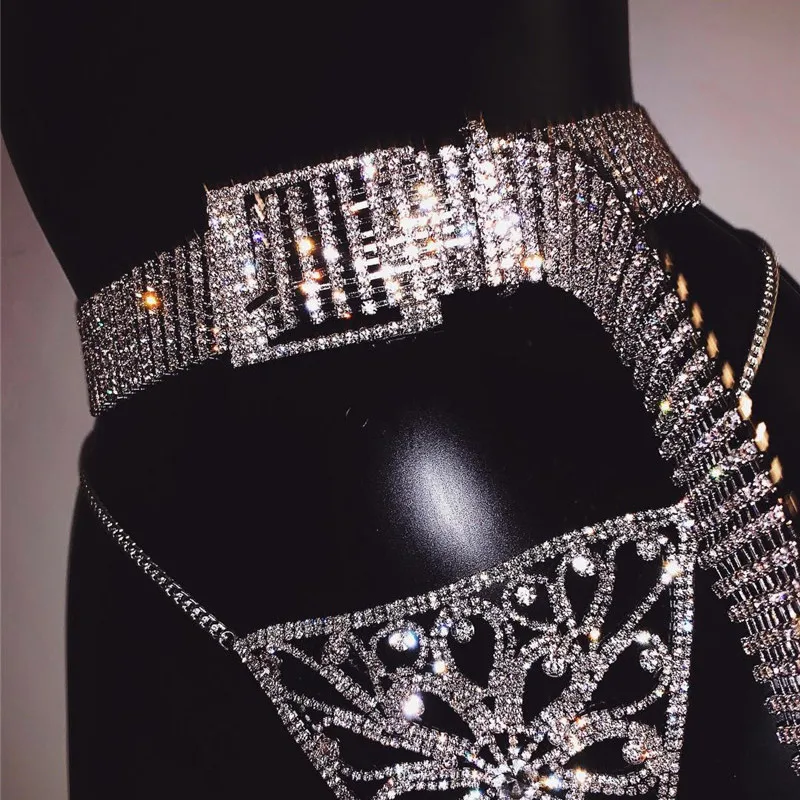 Newly Women Shining Rhinestone Waistband Glitter Wide Chain Belt Waist