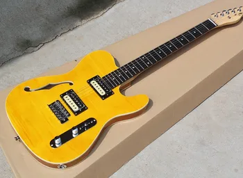 

Factory Wholesale Yellow Color One f Hole Electric Guitar with 2 Open Pickups,Double-side Binding,Offer Customized