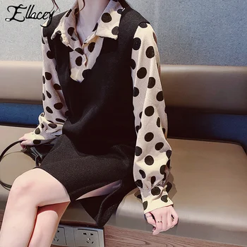 

Ellacey Women Suit 2019 Spring New Polka Dot Corduroy Bouse Shirt and Woolen Vest Dress Set Sweet Two-piece Dresses Female