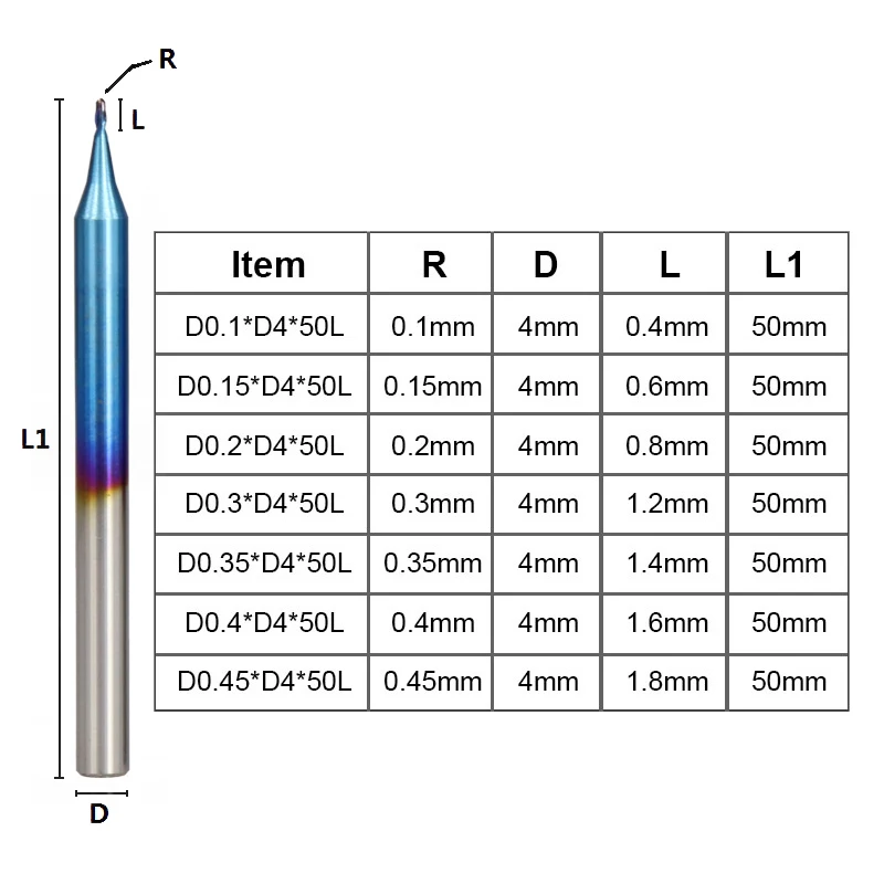1 шт. 0,1-0,45 мм шаровое Фрезерование резак нано синий Карбид с покрытием Концевая фреза 2 флейты 4 мм хвостовик гравировка бит