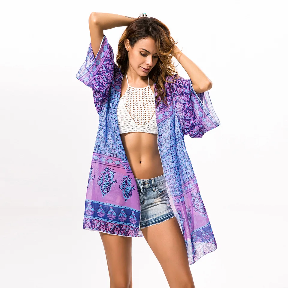 Women's V-neck fresh and sweet ethnic style collar bohemian beach chiffon printed blouse loose casual office femme blouse shirt
