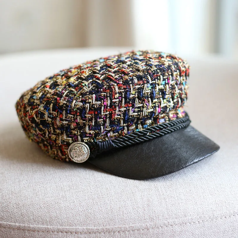 

PU leather visor Newsboy Caps women spring fashion Multicolor plaid hat gold baker boy hat Casual tweed hat