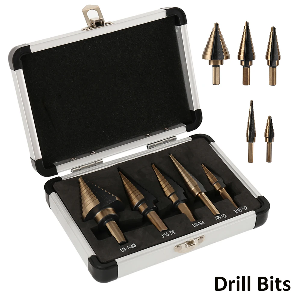 

5pcs Step Drill Bit Set Hss Cobalt Multiple Hole 50 Sizes SAE Step 1/4-1-3/8 3/16-7/8 1/4-3/4 1/8-1/2 3/16-1/2 Aluminum Case