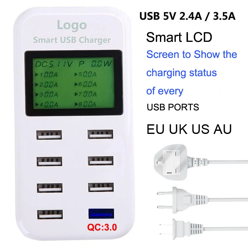 

Fast Qualcomm QC 3.0 Quick Charge Smart USB Charger with LCD Display with 8 USB Power Ports for Mobile Phone and Tablets