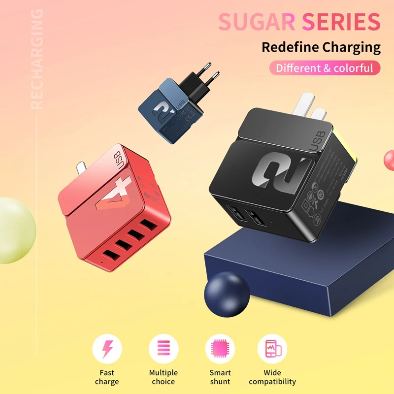 ROCK Sugar, USB зарядное устройство для путешествий, зарядное устройство для мобильного телефона, s, EU, US, вилка, настенное зарядное устройство, 2.4A, 4A, 2 USB, 4 USB, для iPhone, Xiaomi, samsung, телефонов