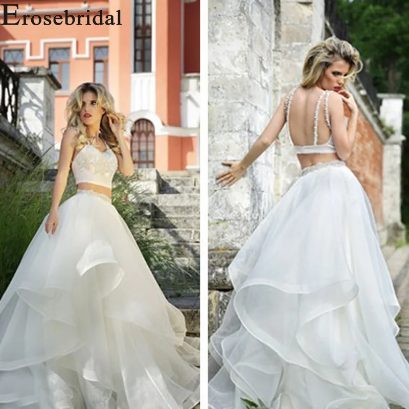 Erosebridal Новое поступление, свадебное платье из двух частей, укороченный топ, платье для невесты без спинки, свадебное Тюлевое гофрированное свадебное платье