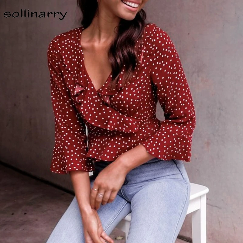Sollinarry Long Sleeve Ruffles Blusa V Neck Sexy Short Blouse Shirt Feminina Polka Dot Boho Crop Tops Blouse 2018 Blouses