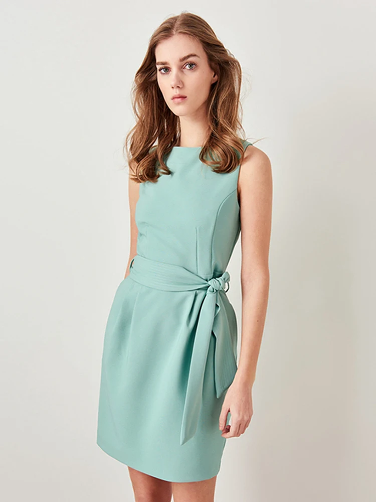

Vintage Bandage Summer Dress Women 2019 Summer Light Green Sleeveless High Waist Mini Dress Elegant Office Ladies Dresses Female