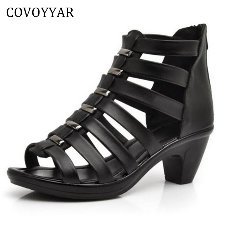 COVOYYAR 2019 Open Toe Gladiator Women Sandals Back Zip Thick Heel Women Shoes Summer Fashion 