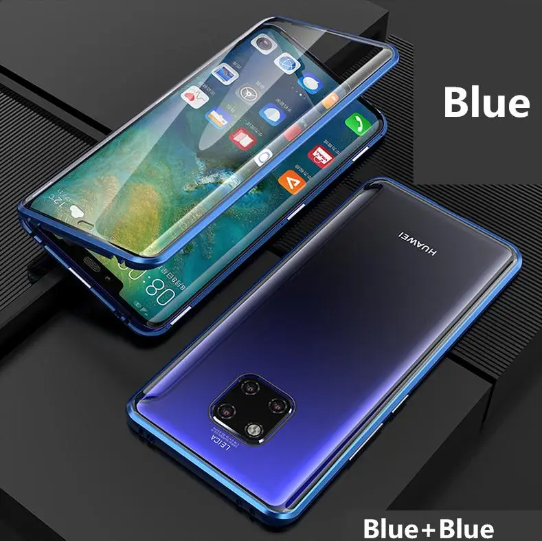 Для huawei mate 20 pro Чехол на магните спереди+ сзади 360 адсорбционный металлический чехол из закаленного стекла для huawei mate 20 - Цвет: Синий