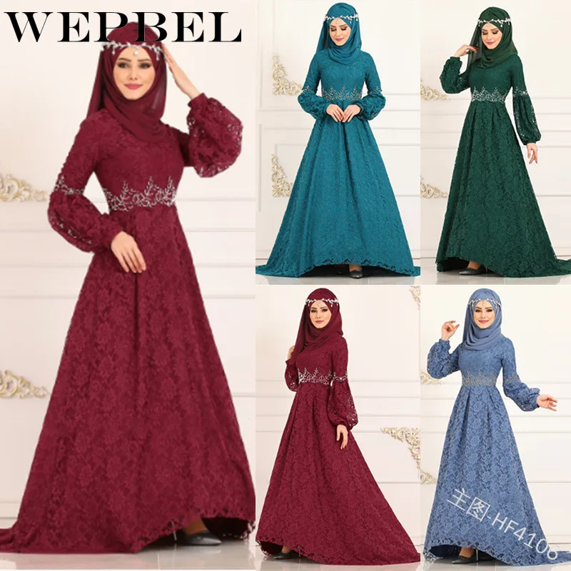 

WEPBEL Muslim Women Elegant Dress Lace High Waist Ruffles Long Sleeve O Neck New Summer Casual Loose Fashion Ladies Dress