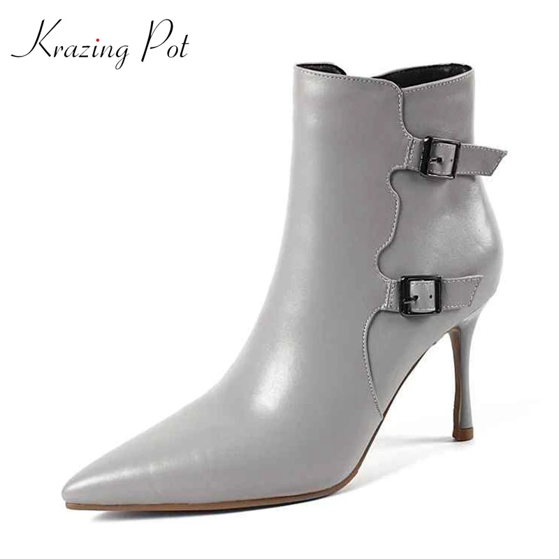 

Krazing Pot genuine leather stiletto high heels office lady basic boots style big size pointed toe buckle straps ankle boots L23