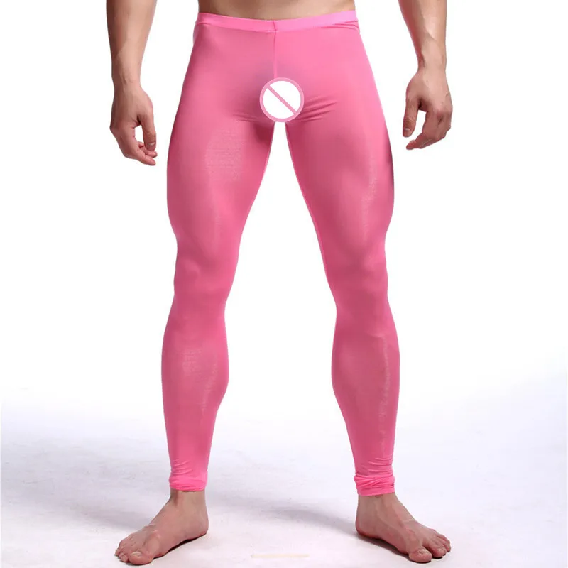 Sexy Men See-through Pants silky Tights Milk Fiber Leggings Trousers Long Johns Underwear U Convex Pocket Mens Wrestling Singlet