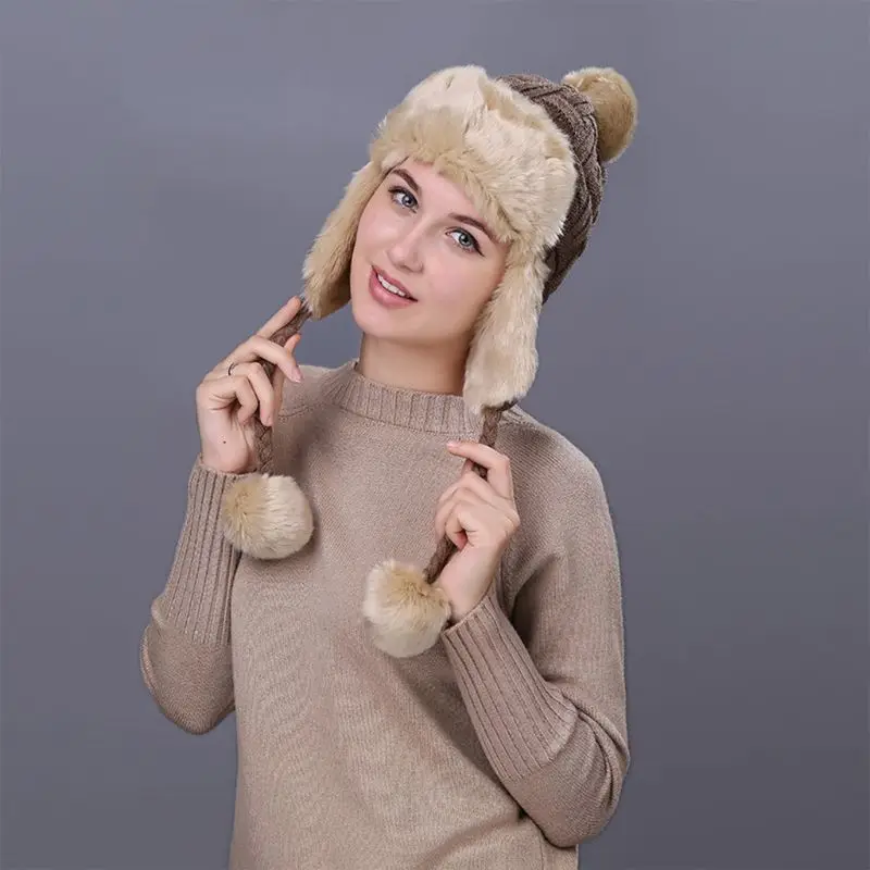 11 Styles Women Winter Thicken Lining Earflap Hat Knitted Contrast Color Snow Ski Beanie Cap Pompom Ball Long Tassels Ear Warmer