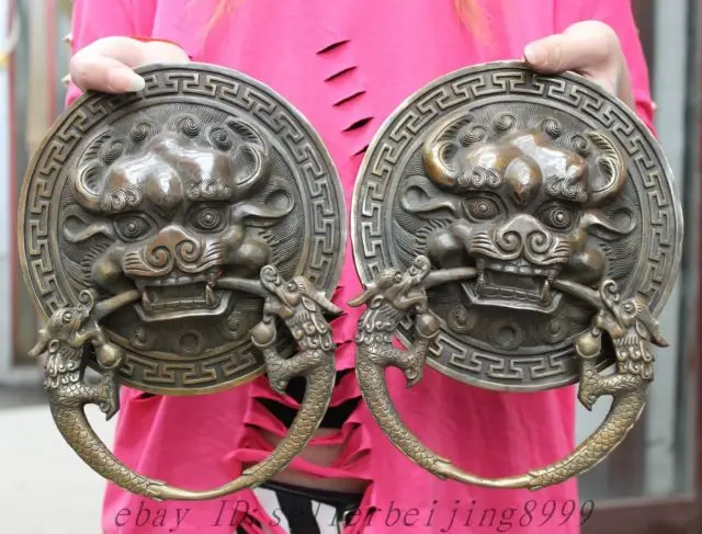 

Chinese Old 10 Folk Chinese Copper BRASS Guardian Lion Head Statue Temple Door Knocker Pair decoration brass factory outlets