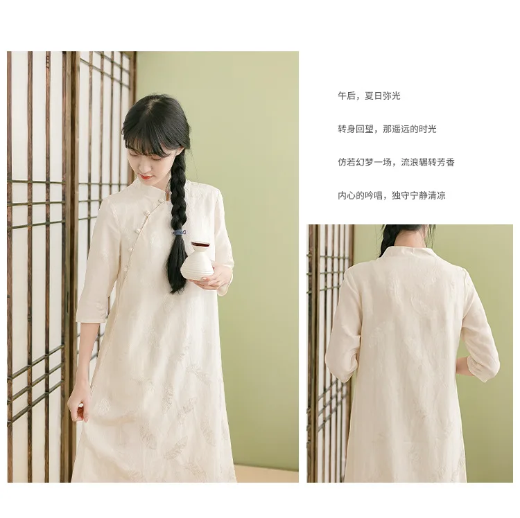 Оригинальный литературный хлопок лен женская воротник-стойка с вышивкой жаккардовое платье китайский национальный Улучшенная